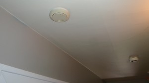 two smoke detectors on the ceiling... one monitored and one attached to the house electrical